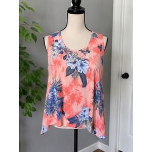 Multiples Women's Large One Shoulder Floral Tunic Top Coral Blue Asymmetrical...